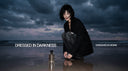 Valloria Bliss luxury perfume campaign banner featuring a model on a dusky beach with the text 'Dressed in Darkness, Drenched in Desire'.